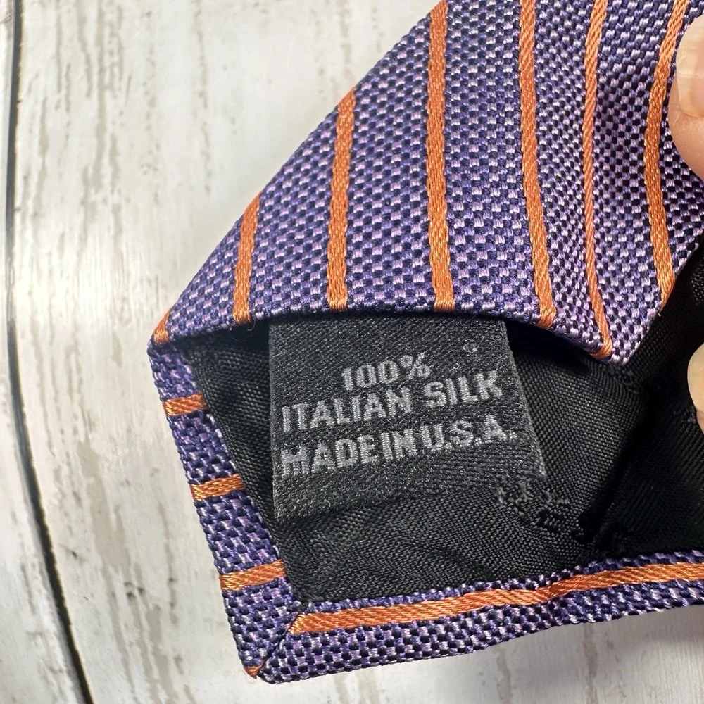 Express Design Studio Men's USA 100% Silk Neck Tie Blue Orange  Striped Diagonal